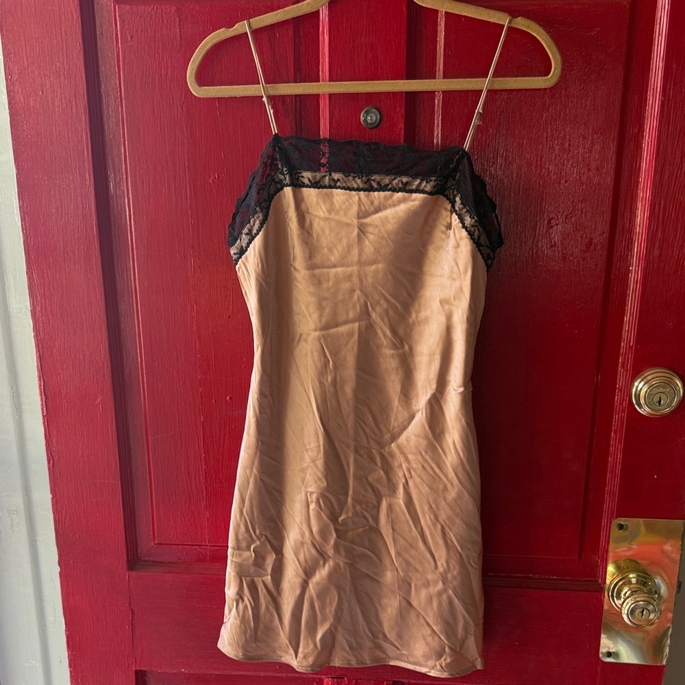 Tan and Black Lace Slip Silk Dress